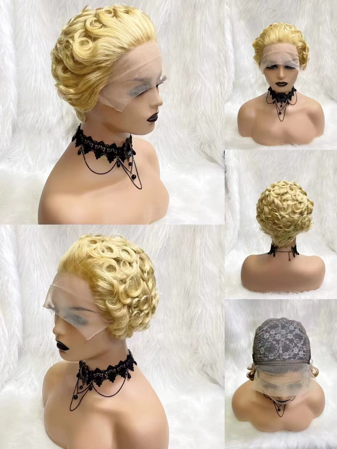 613 Blonde Curly Pixie – Brazilian Human Hair Wig (Size 10) in Photo