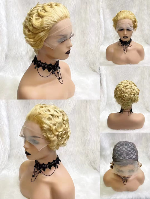 613 Blonde Curly Pixie – Brazilian Human Hair Wig (Size 10) in Photo